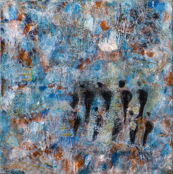 Sky of Joy. Abstract painting of swirling blue, brown, and orange tones with shadowy human figures and dynamic textures.