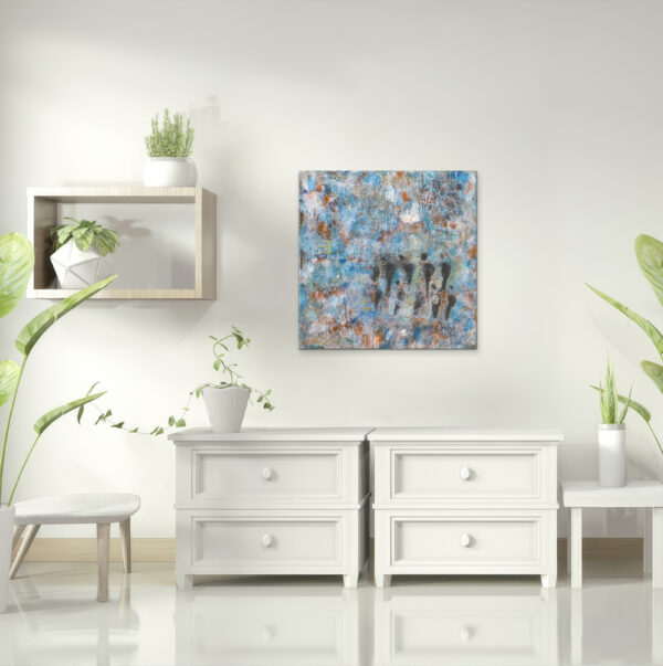 Sky of Joy - other view. Modern minimalist interior with colorful abstract art, sleek storage, indoor greenery, and soft lighting.