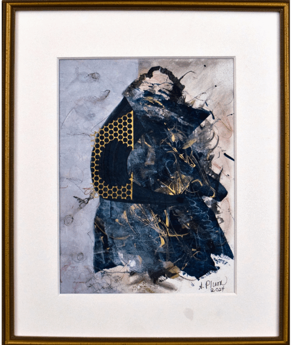 American Woman - Abstract artwork featuring a stylized torso with gold honeycomb pattern and dynamic textured background.