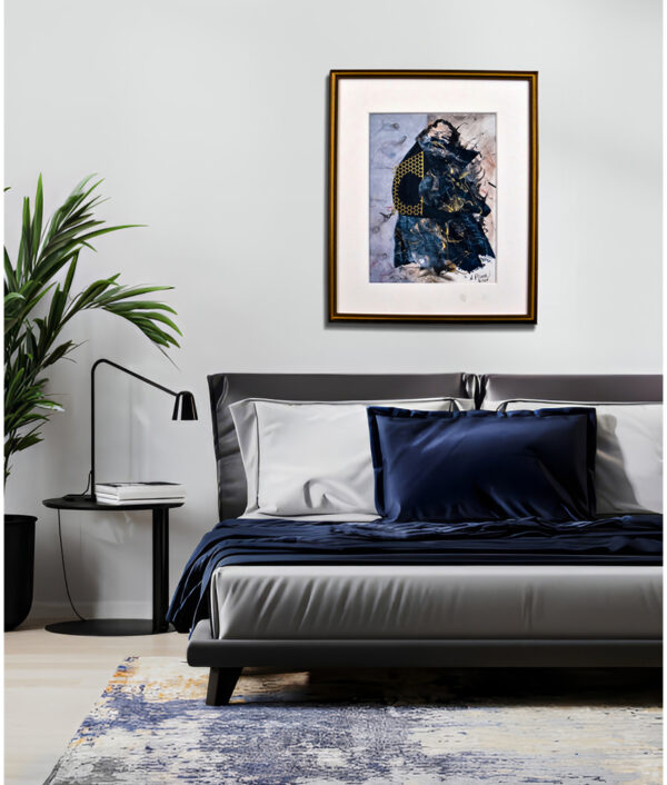 Modern bedroom with minimalist gray bedding, abstract art, black nightstand, plant, and textured rug.