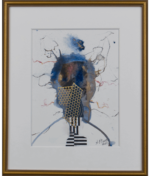 French Woman - Abstract artwork featuring human figure with honeycomb pattern, vibrant colors, geometric elements, and bold stripes.