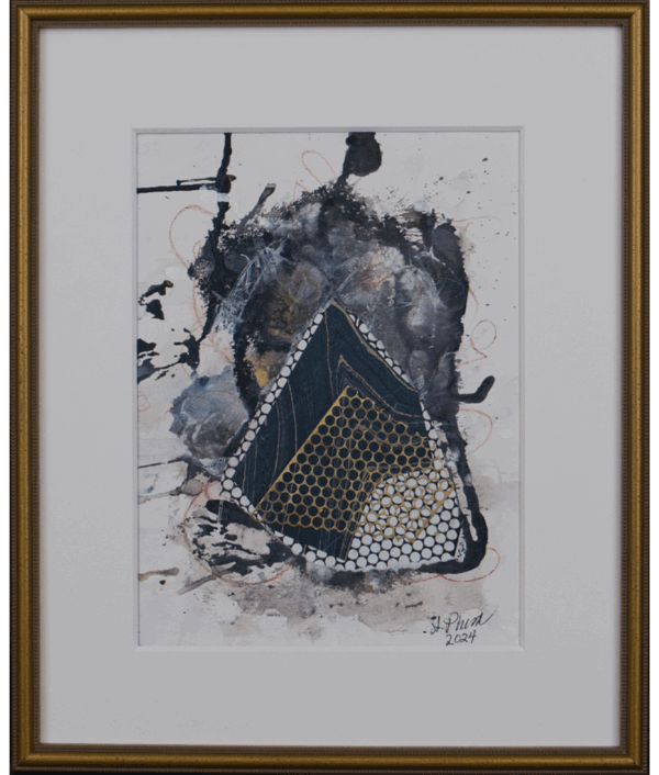 Abstract geometric artwork featuring a detailed triangular shape with textured patterns and vibrant colors.