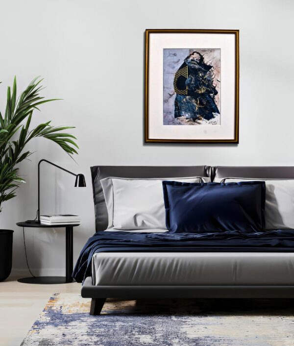 American Woman - other view. Modern bedroom with abstract art, cozy bedding, sleek furniture, and indoor plants for relaxing comfort.