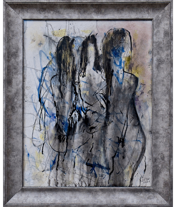 Three Sisters - Abstract art of three semi-transparent figures with vibrant colors and textured background, exploring human connection.