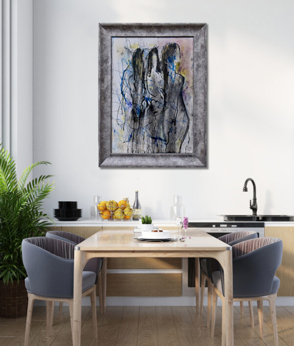Three Sisters - other view. Modern dining room with abstract art, wooden table, grey chairs, and contemporary kitchen.