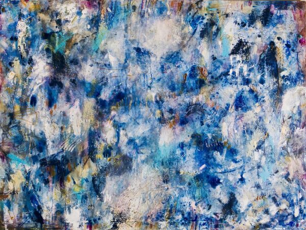 Watcher of the Dreamscape - Abstract blue watercolor painting with layered textures and atmospheric, oceanic, and stormy themes.