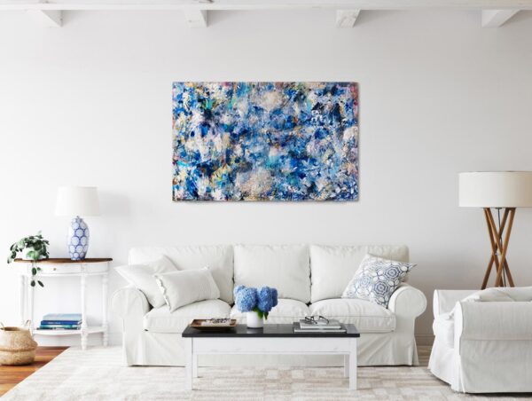 Modern living room with abstract blue and yellow wall art, cozy sofa, and stylish decor.