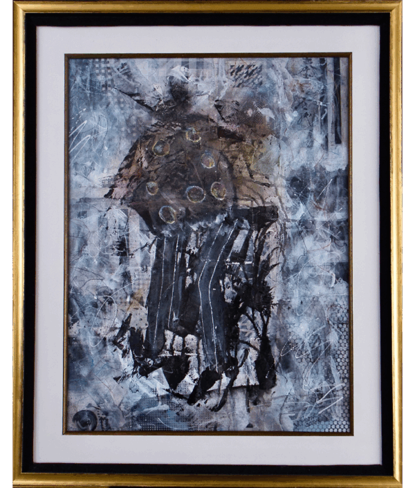 Pedals of Unlikely Friendship - Abstract artwork with bold central figure, textured surfaces, vibrant green and brown accents, urban-inspired background.