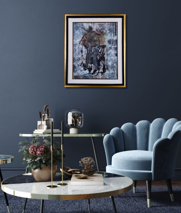 Pedals of Unlikely Friendship - other view. Modern living room with blue accent wall, abstract artwork, marble coffee table, and cozy blue armchair.