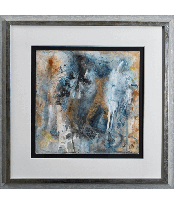 Abstract watercolor painting with blue, orange, and brown tones in a silver frame.