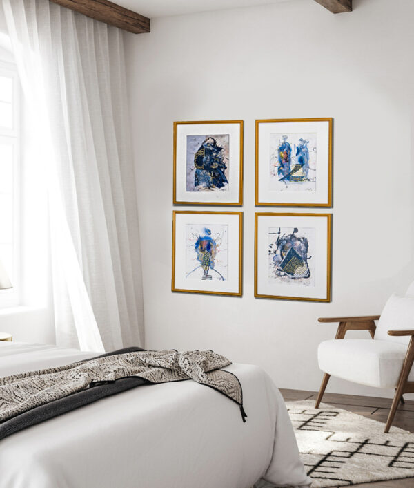 Modern bedroom with abstract blue artwork, natural light, cozy bedding, and stylish minimalist decor.