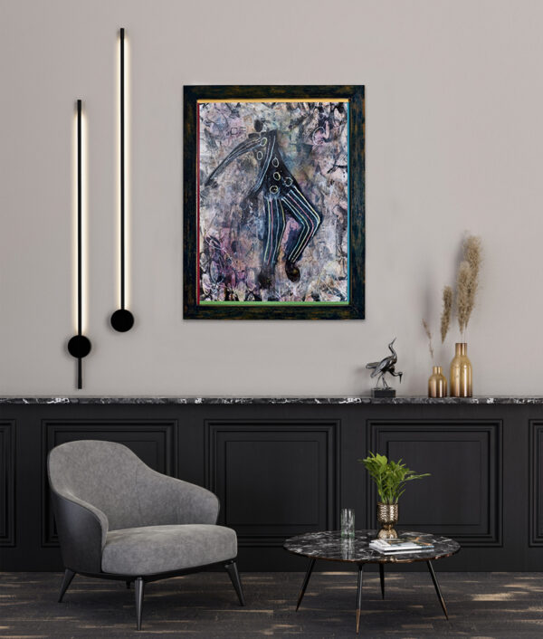 Modern interior with abstract artwork, minimalist lighting, plush gray chair, marble table, and decorative vases.