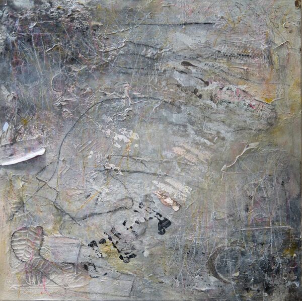 Einstein Dream World. Abstract textured artwork with subtle colors, organic shapes, and dynamic black accents.