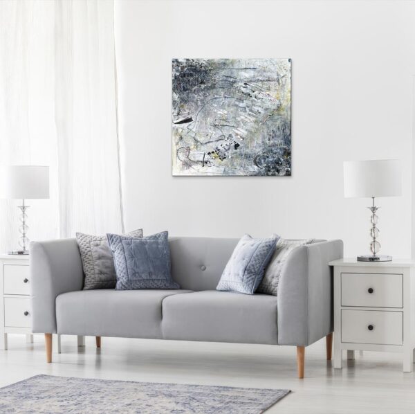 Einstein Dream World. Modern living room with minimalist gray sofa, abstract art, blue pillows, and natural light.