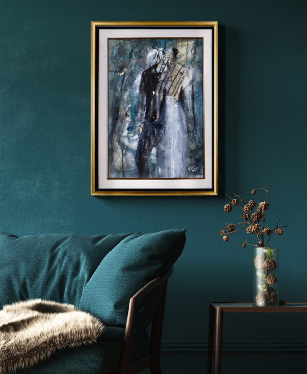 The Wedding - other view. Elegant modern interior with green wall, abstract artwork, turquoise sofa, cozy decor, perfect for relaxation.