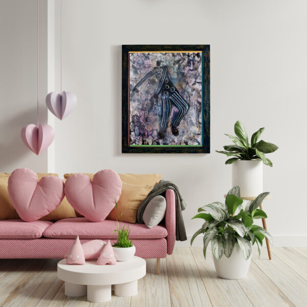 Romantic Valentines Day room with pink sofa, heart decor, art frame, candles, and plants.