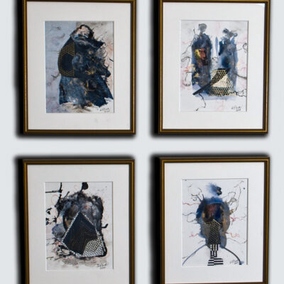 Four framed abstract and geometric artworks featuring vibrant colors and gold accents.