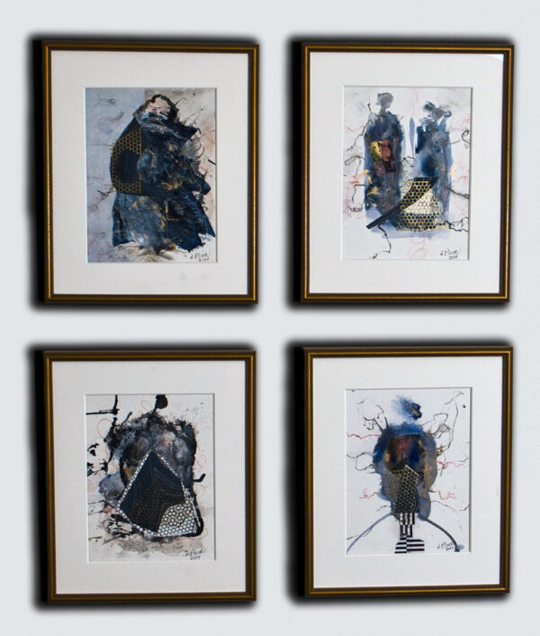 Four framed abstract and geometric artworks featuring vibrant colors and gold accents.