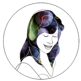 Sherry Plum Art logo - Minimalist woman with plum and leaf motifs symbolizing nature-human harmony in art.